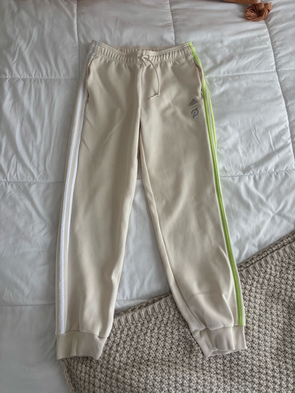 adidas Cream Track Joggers with White and Neon Green Side Stripes